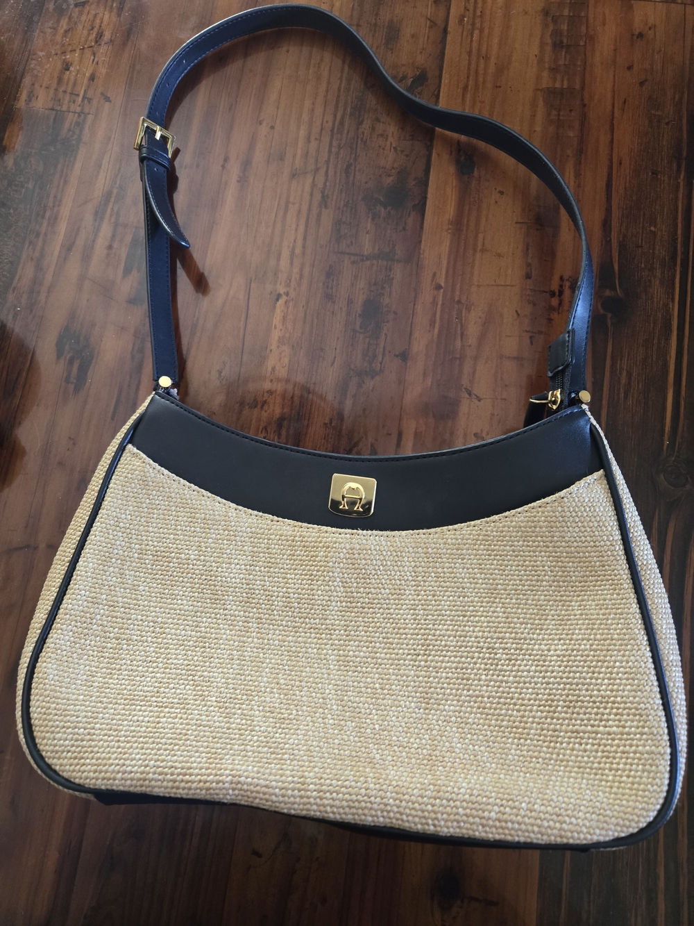 Etienne Aigner Navy and Natural Straw Shoulder Bag with Gold Hardware